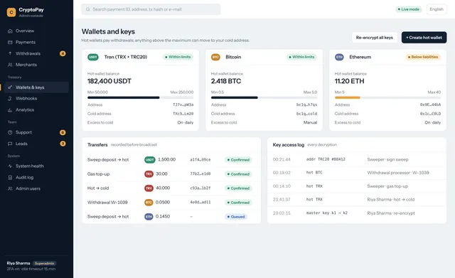 Hot and cold wallets, limits and encrypted key vault