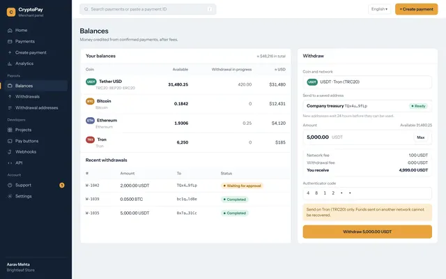 Merchant balances and withdrawal to a whitelisted address
