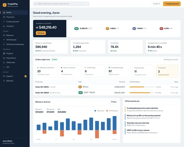 Merchant dashboard with live orders, today's volume and balances per coin
