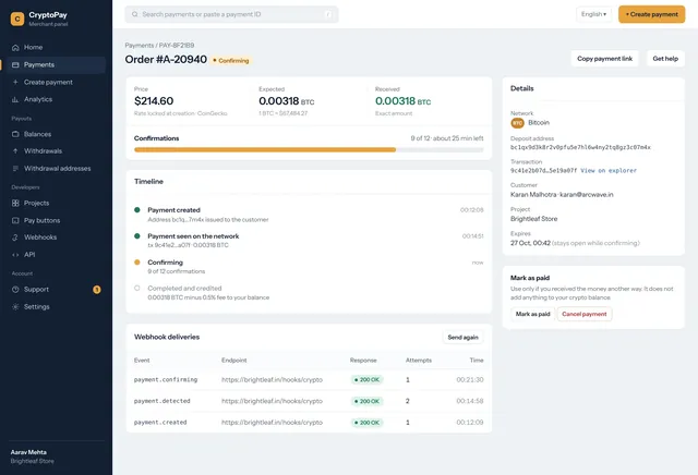 Payment detail with transaction hash, confirmations and webhook log