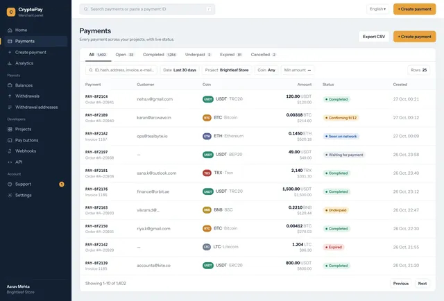 Payments list with status, coin, network and confirmations